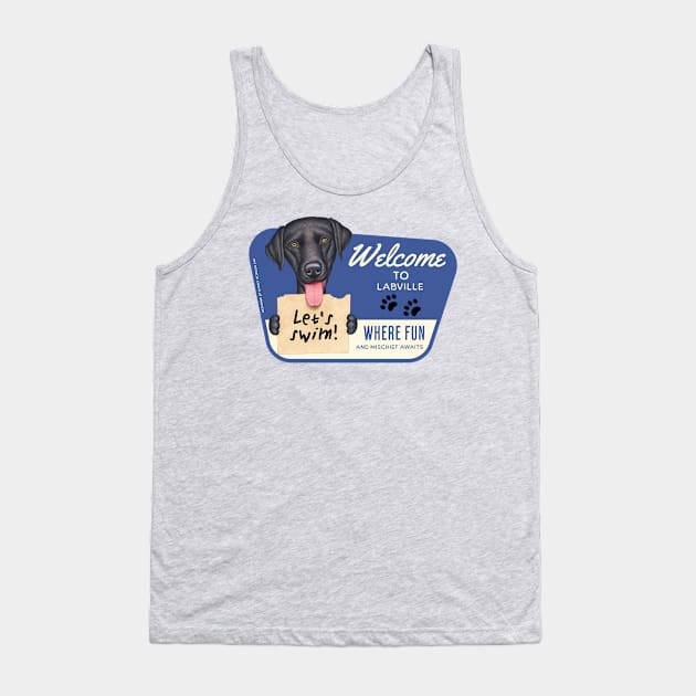 Fun black lab with let's swim sign in Labville, USA Tank Top by Danny Gordon Art